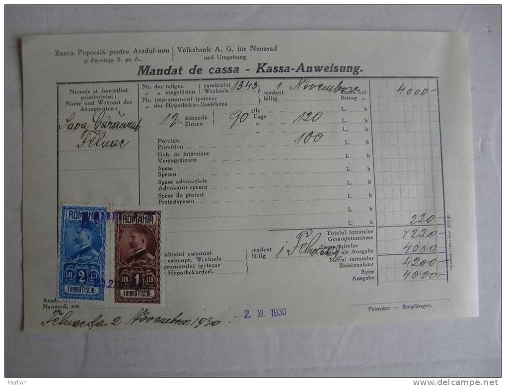 Romania Arad Neuarad - Banca Popolara Volksbank -Mandat De Cassa - 1930 -Felnac  X27.7 - Banque & Assurance