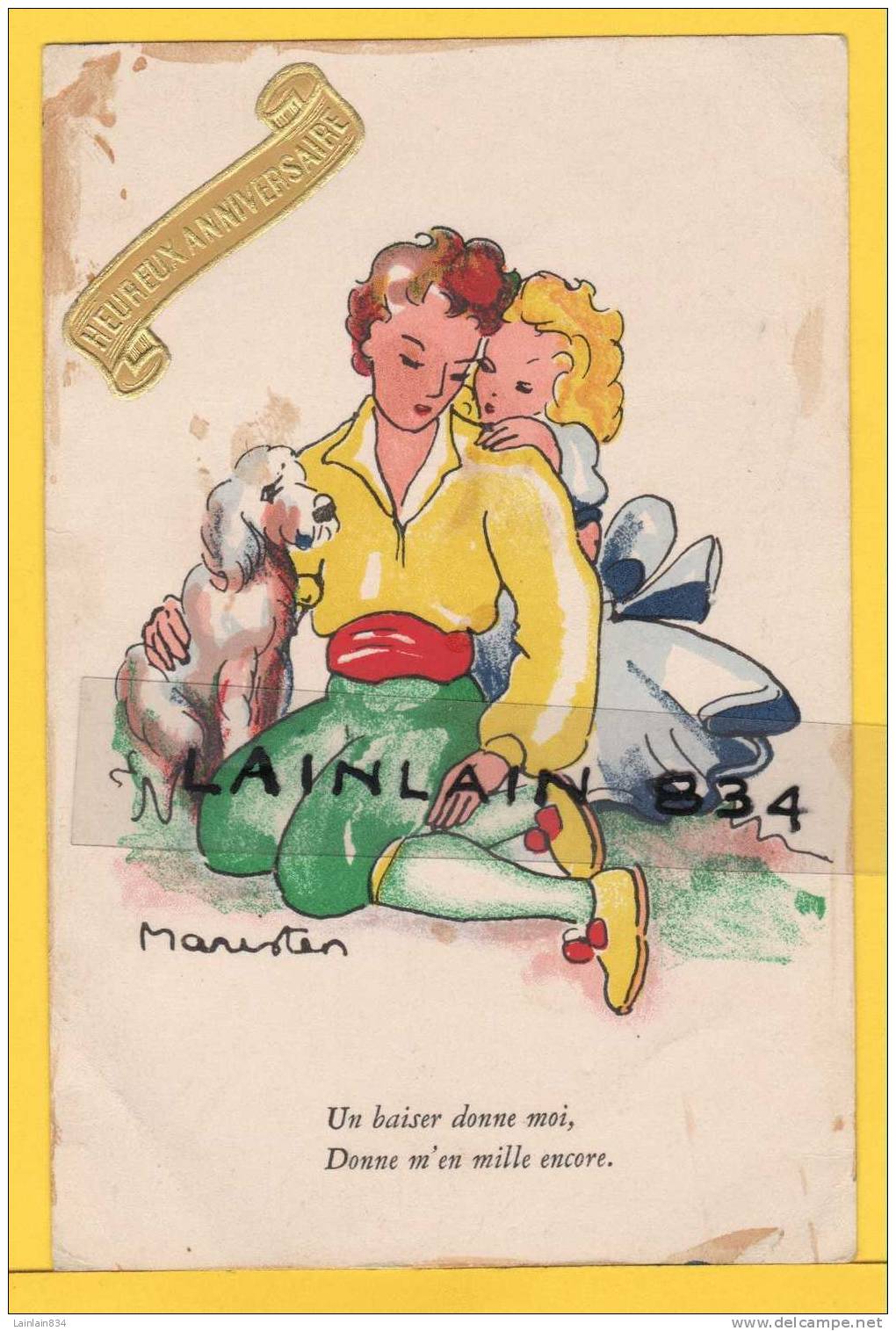 - Oiseaux -  Heureux Anniversaire -  Un Baiser Donne Moi...signé Maristen..charmante, Petit Format, Chien, 1948. - Geburtstag