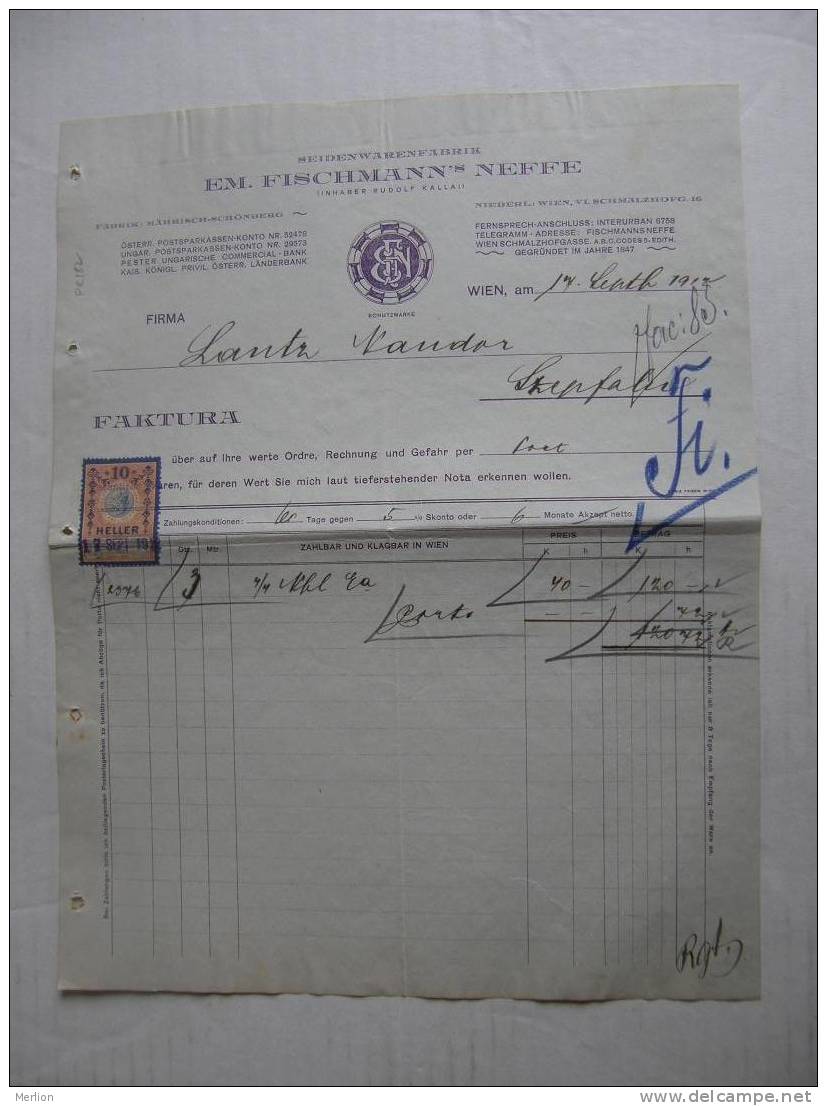 Austria -Romania-Hungary - Invoice -EM.Fischmann's Neffe-Mährisch Schönberg 1912 -Lantz Temes Szépfalu Neudorf  VF X35.6 - Oostenrijk