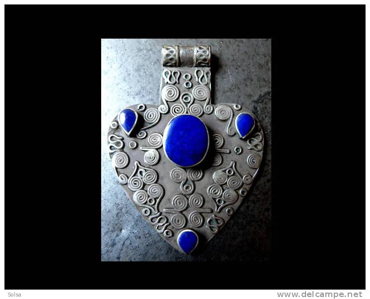 - Pendant Turcmène Argent Et Lapis Lazuli / Turkmenistan Silver And Lapis Pendent - Ethniques