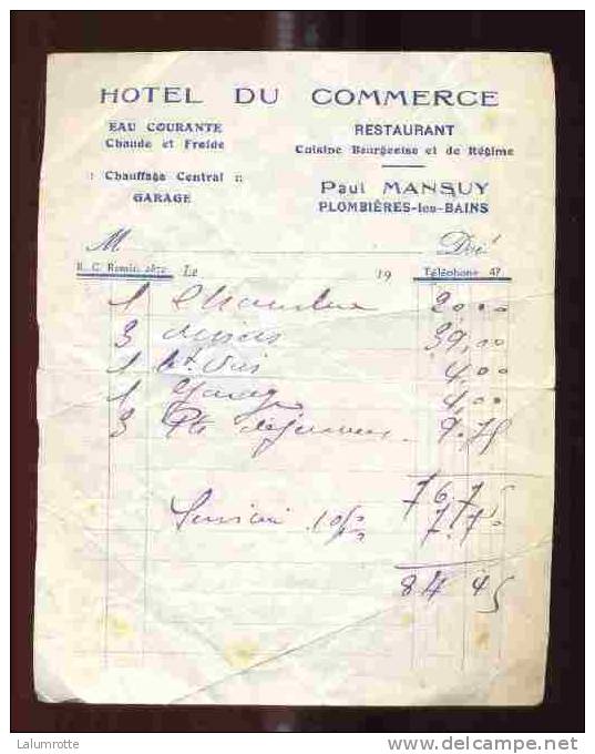 Pu. Y6. Entête Publicitaire D'une Note De L' Hôtel Du Commerce De Paul Mansuy à Plombières-les-Bains. - Werbung