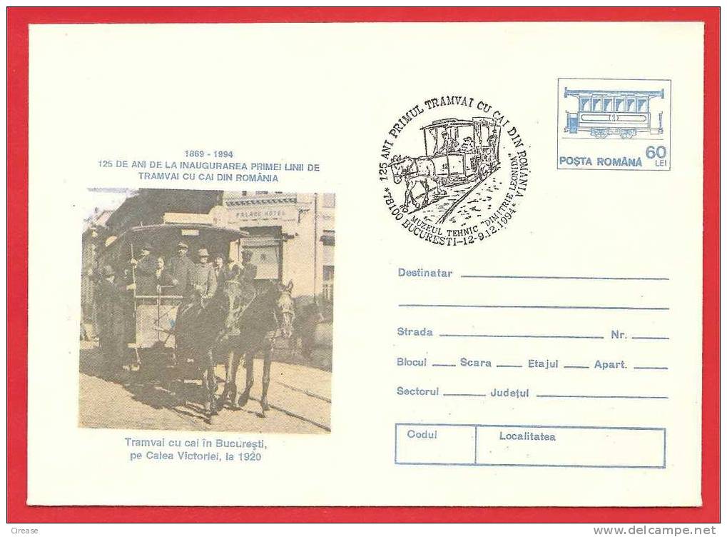 ROMANIA Postal Stationery Cover 1994. Horse Tram, Tramways In Bucharest In 1920 - Tranvías