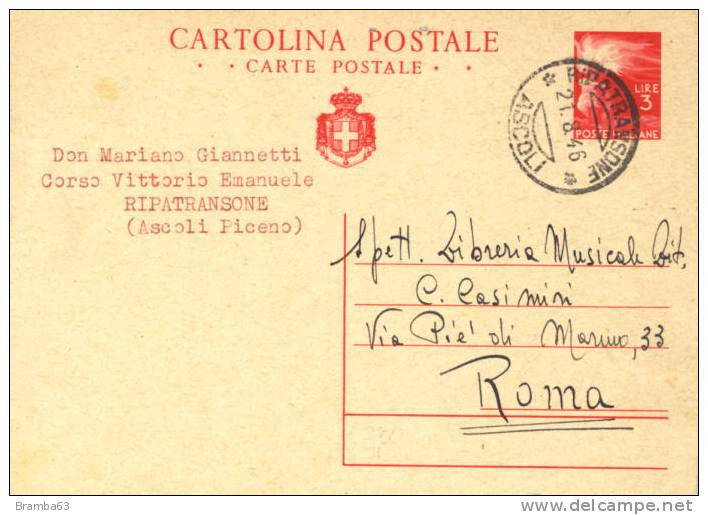 1945 L.3 Viaggiata 1946 Ripatransone Roma - (C128 Filagr.) - Interi Postali