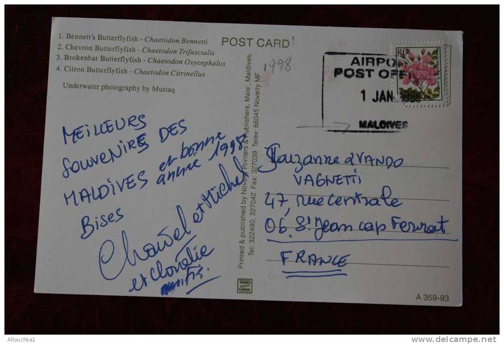 CPSM FIRST DAY OF THE YEAR  JOUR DE L'AN 01-01-1998 POST CARD BUTTERFLYFISHE OF  MALDIVES 4  AIRPORT POST OFFICE POISSON - Maldivas