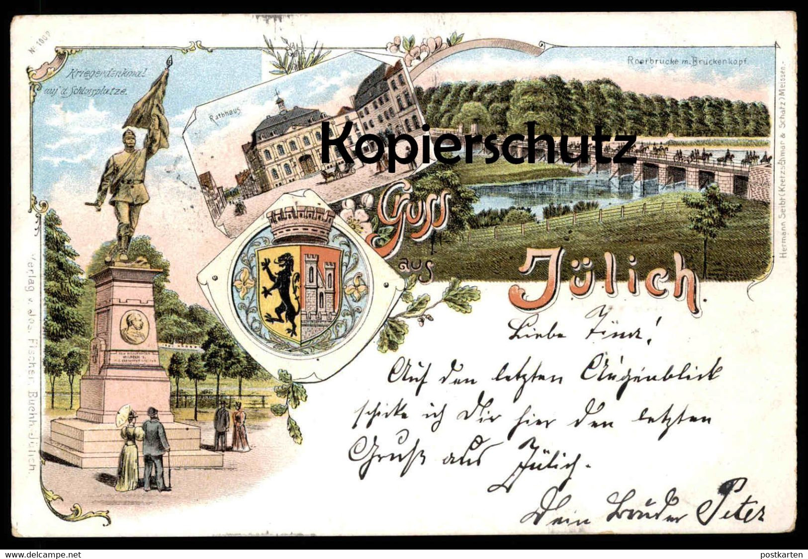 ALTE LITHO POSTKARTE GRUSS AUS JÜLICH 1897 KRIEGERDENKMAL ROERBRÜCKE BRÜCKENKOPF WAPPEN Ansichtskarte AK Cpa Postcard - Jülich