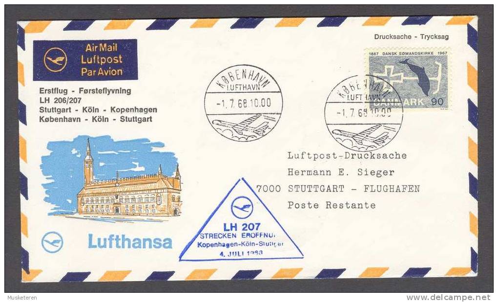 Denmark Airmail Luftpost Lufthansa Erstflug First Flight 1968 Copenhagen - Köln - Stuttgart Germany - Luftpost
