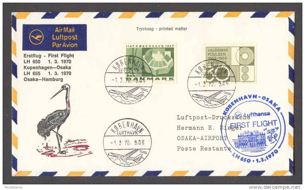 Denmark Airmail Luftpost Lufthansa Erstflug First Flight 1970 Copenhagen - Osaka - Hamburg Japan Crane Bird - Posta Aerea