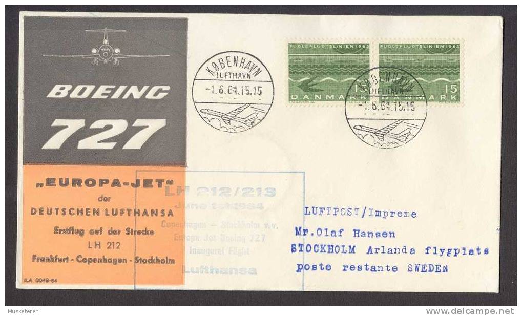 Denmark Airmail Luftpost Lufthansa Erstflug First Flight 1964 Frankfurt  Germany - Copenhagen - Stockholm Sweden - Luchtpostzegels