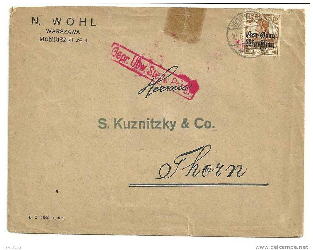 POLAND, GEN.GOUVERNMENT  FIRM  COVER WARSZAWA- THORN.20.8.1918. - Briefe U. Dokumente