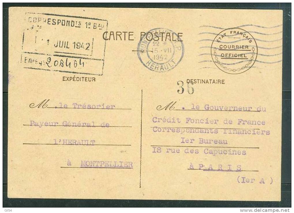 Carte Entier Etat Français Courrier Officiel Voyagé En 1942 - Semble Rare - Ad44 - Storia Postale