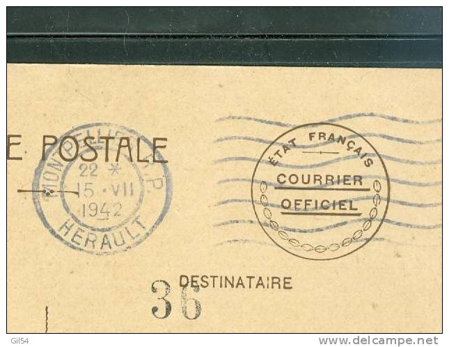 Carte Entier Etat Français Courrier Officiel Voyagé En 1942 - Semble Rare - Ad44 - Lettres & Documents