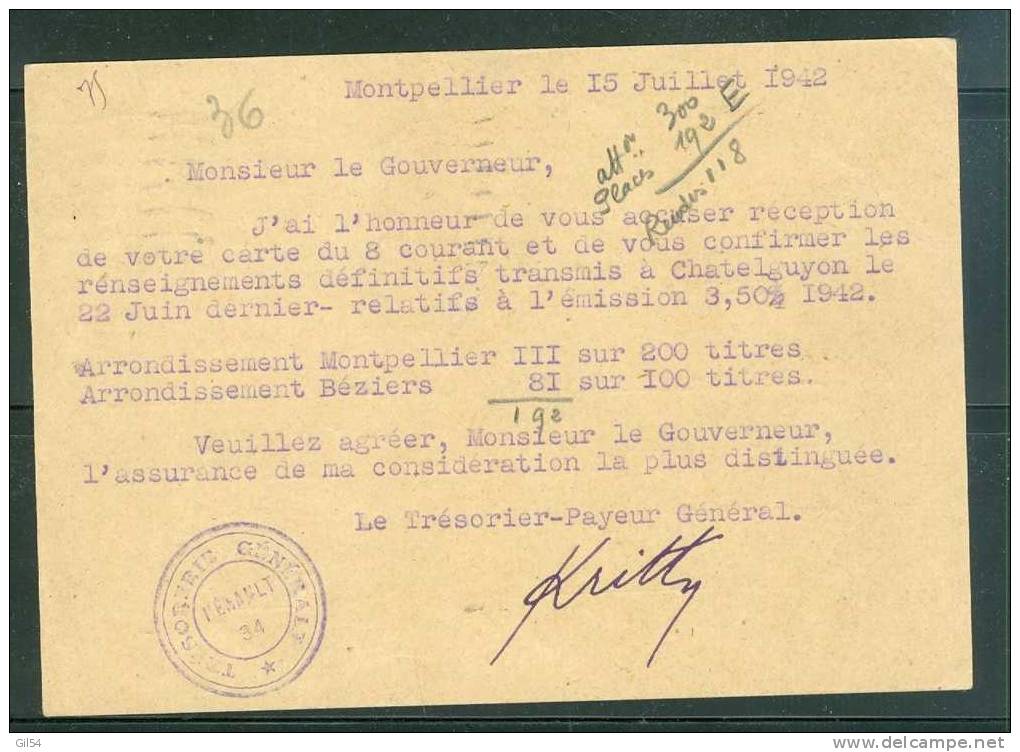 Carte Entier Etat Français Courrier Officiel Voyagé En 1942 - Semble Rare - Ad44 - Lettres & Documents