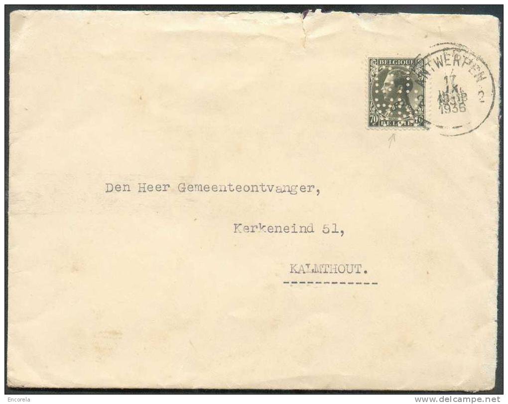 70 Centimes Léopold III Perforé AM/DT Obl. Sc ANTWERPEN 2 S/L. Du 17-X-1935 Vers Kalmthout - 5456 - 1934-51