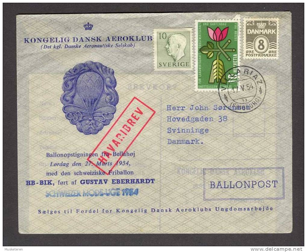 Denmark 1954 Kongelig Dansk Aeroklub Haveribrev Ballonpost Royal Danish Aero Club Crash Cover Villariaz Switzerland - Poste Aérienne