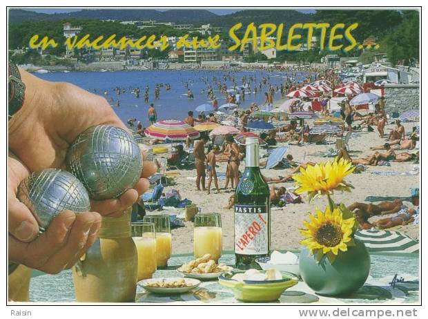 83 La Seyne Sur Mer Sablettes Vacances " Panoplie Du Vacancier Pétanque Pastis Cacahuètes Schips BronzageTrempette" TBE - La Seyne-sur-Mer