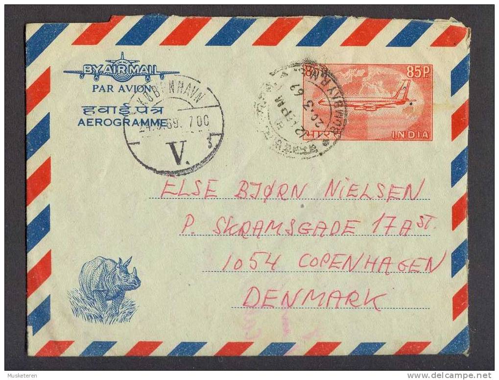 India Postal Stationery Ganzsache Entier Aerogramme BOMBAY 1969 Brotype KØBENHAVN V. (**3) Arr. Cds. Rhino Cachet - Aerogramme