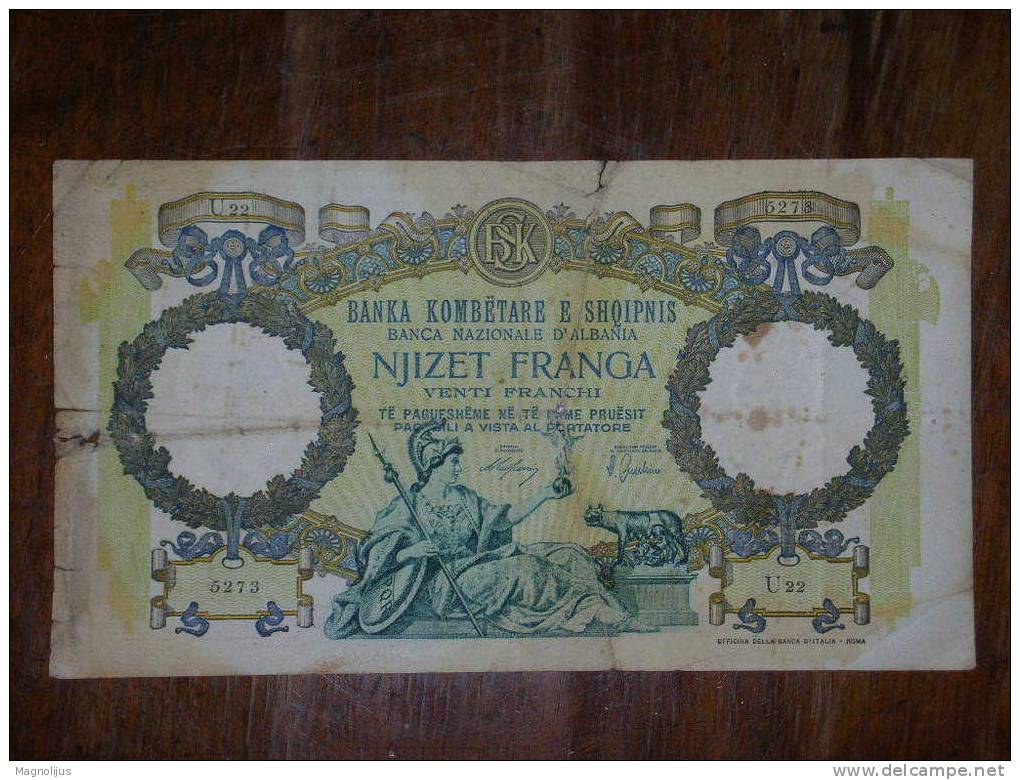 R!,Albania,Shqipins,Banknote,Paper Money,Bill,Njizet Franga,Venti Franchi,20 Francks,vintage,damaged - Albanie