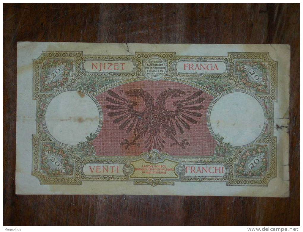 R!,Albania,Shqipins,Banknote,Paper Money,Bill,Njizet Franga,Venti Franchi,20 Francks,vintage,damaged - Albanien