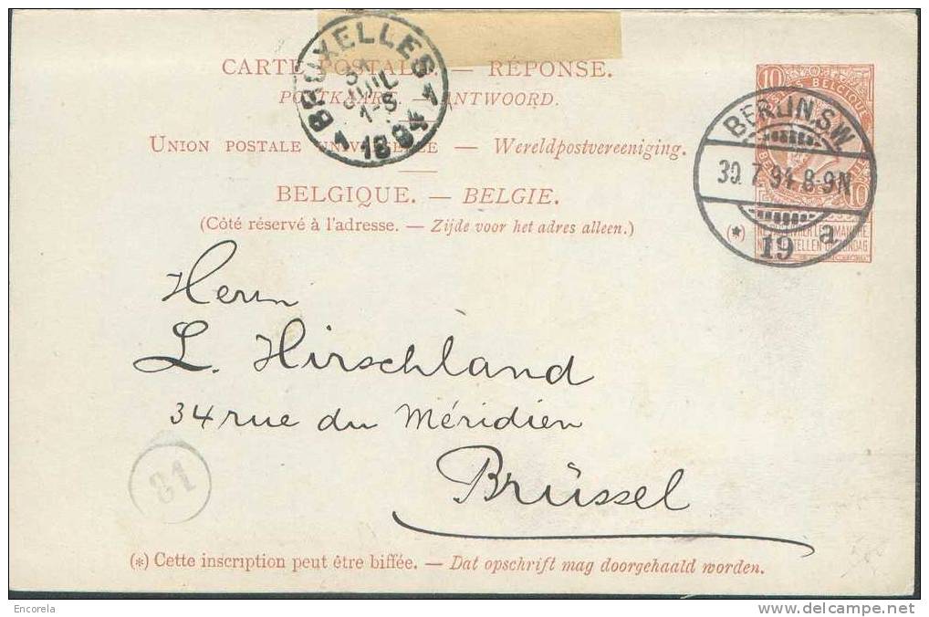 E.P. Carte Double (partie B) 10 Cent. Fine Barbe, Obl. Dc BERLIN 5 Du 30 Julllet 1894 Vers Bruxelles - 5465 - Briefkaarten 1871-1909