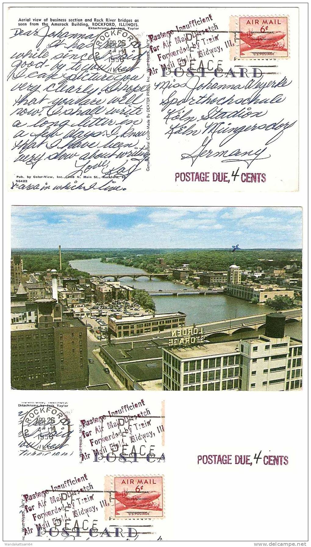 AK 56422 ROCKFORD ILLINOIS Blick Amerock Gebäude Geschäftsviertel APR 26 1958 4 30 PM 2 ROCKFORD ILL POSTAGE DUE 4 CENTS - Bennington