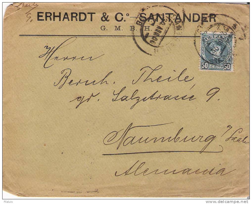 00998 Carta Con Edifil 252 Cadete 50 Cts. Santander A Naumburg / Alemania - Cartas & Documentos