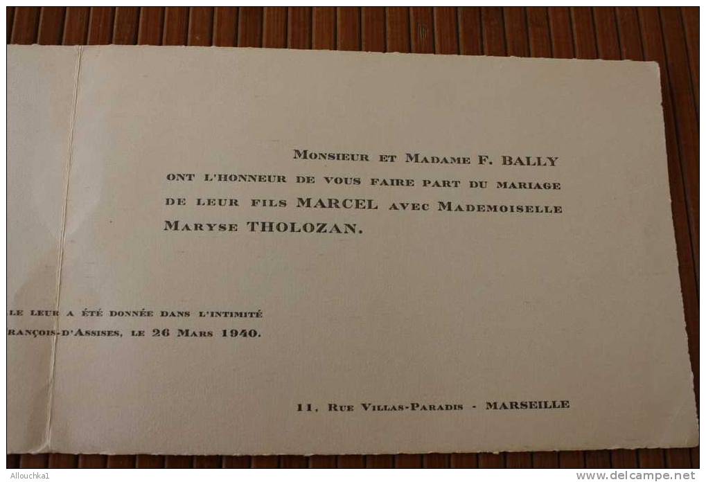 1940 FAIRE PART DE MARIAGE A R. DE LA GUADELOUPE   RUE VILLA PARADIS  MARSEILLE CEREMONIE A EGLISE ST FRANCOIS D'ASSISE - Other & Unclassified