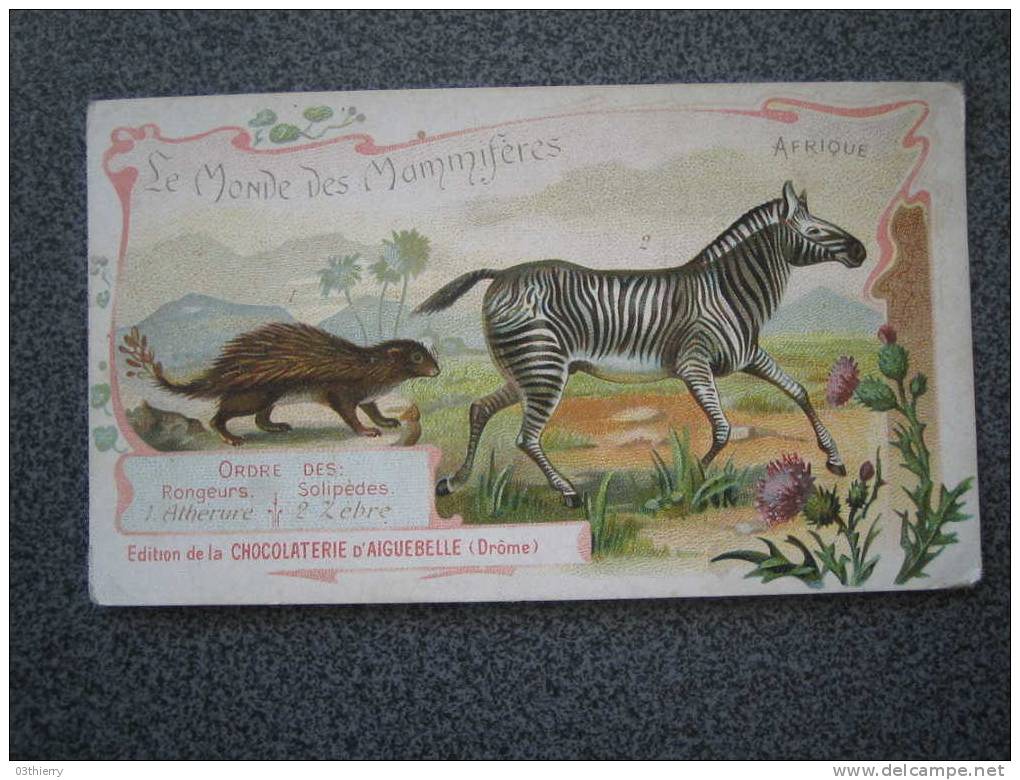 CHROMO-CHOCLATERIE D´AIGUEBELLE-LE MONDE DES MAMIFERES-L´ATHERURE AFRICAIN ET LE ZEBRE- - Aiguebelle