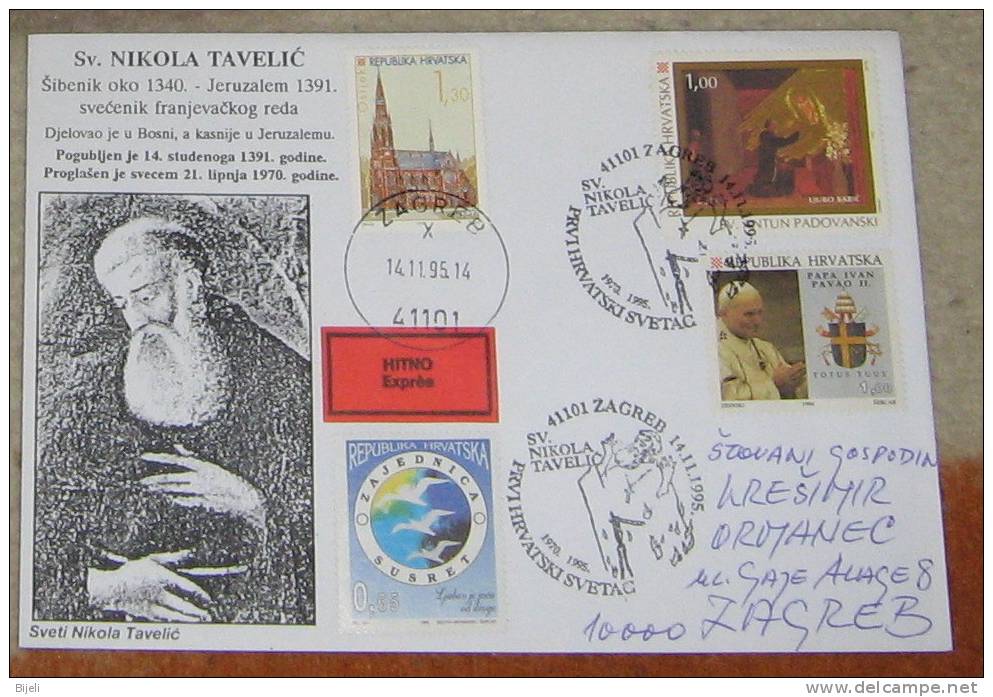 Croatia, Private Envelope, Hl.Nikola Tavelic,	 The First Croatian Saint,cancell 14.11.1995. - Christianity