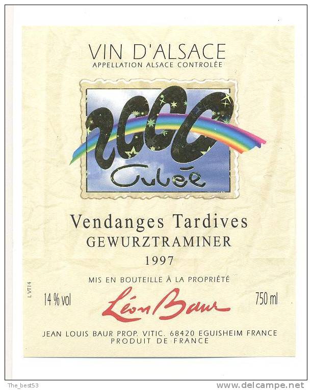 Etiquette De Vin Gewurztraminer - Cuvée 2000 - Vendanges Tardives - JL. Baur à Eguisheim (68) - Année 2000