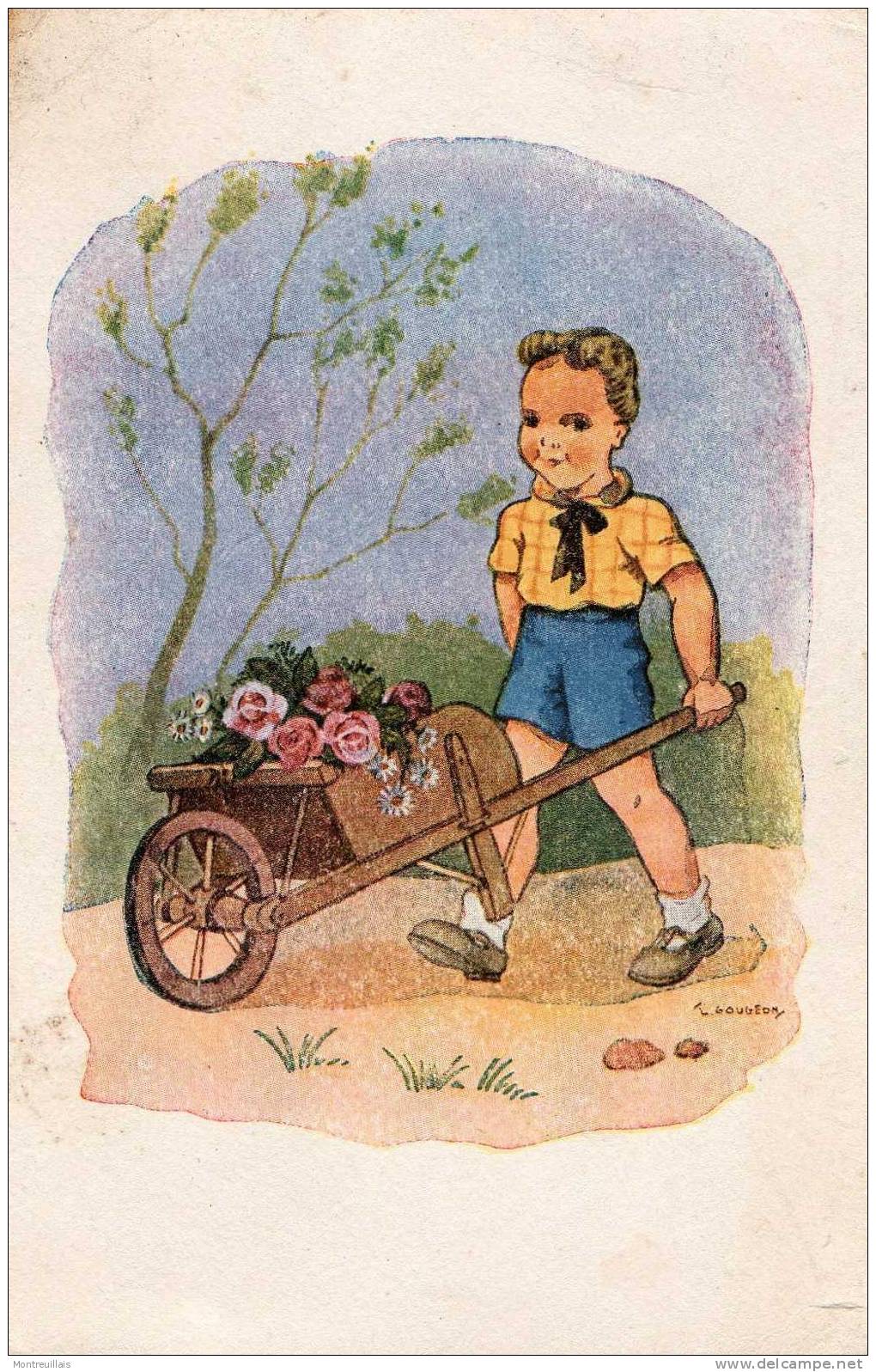 Enfant Avec Une Brouette, Fleurs Dans  Brouette, Signé Goujeon, Tache Sombre Haut Et Bas Gauche - Gougeon