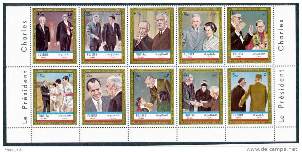 Fujeira De Gaulle With Different Famous People 10 Perf On 1/2 Pane Sheet With Margin MNH - De Gaulle (General)