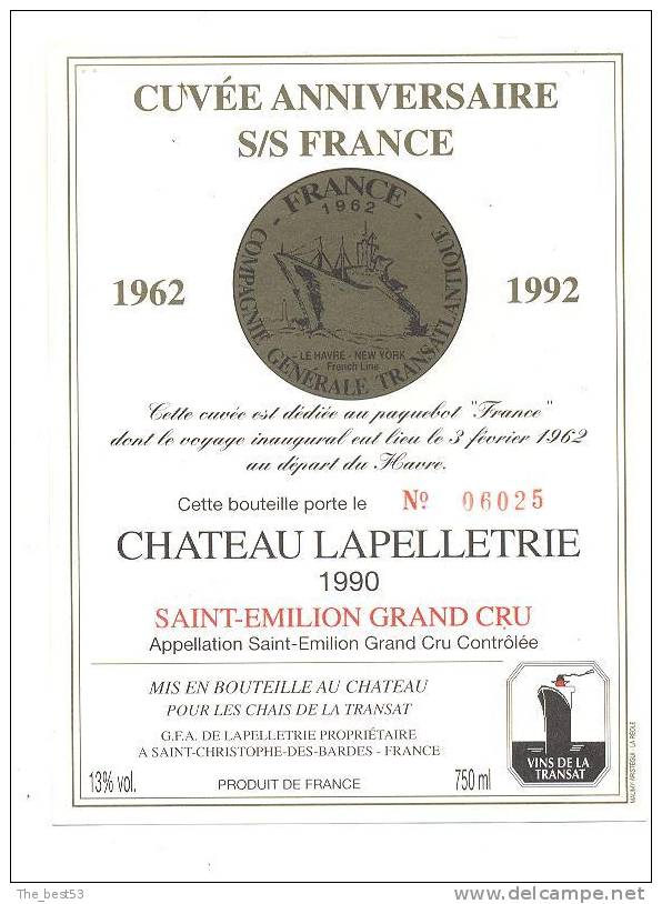 Etiquette De Vin Saint Emilion Grand Cru Controlée- Chateau Lapelletrie - Cuvée Anniversaire  S/S FRANCE - Pakketboten