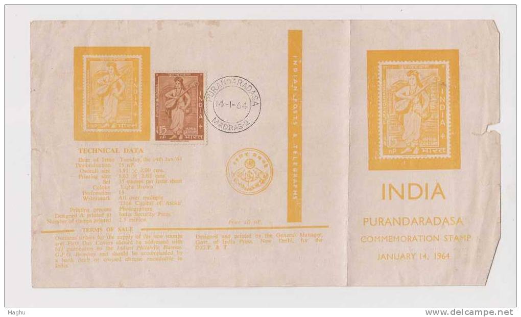 India-1964--Information Sheet Of Purandaradasa With Stamp FDc, Music Instrument,  As Scan - Storia Postale