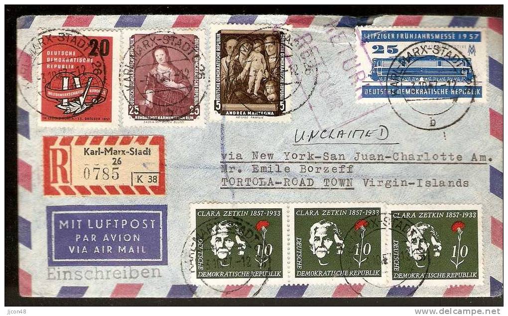 Germany (DDR) 1957 "Karl-Marx-Stadt To Virgin Islands" Retour / Return - Covers & Documents