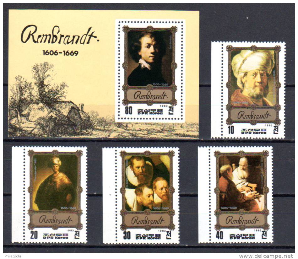 Corée Du Nord 1982, Rembrandt, Mi 2323 / 2326 + Bk 137xx, Cote 15 € - Rembrandt