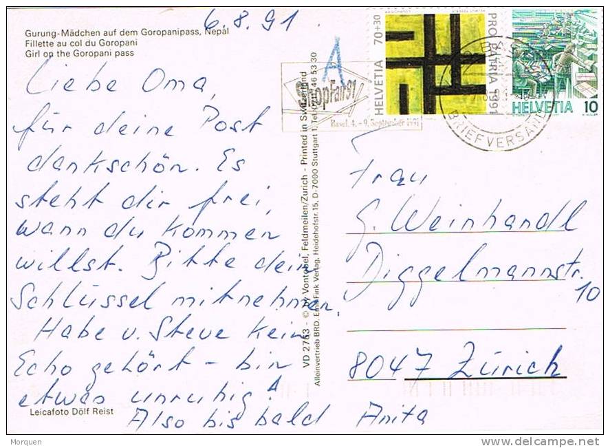 Postal BASEL (Suiza) 1991.  Shopfair 91. Niña Del Nepal - Briefe U. Dokumente