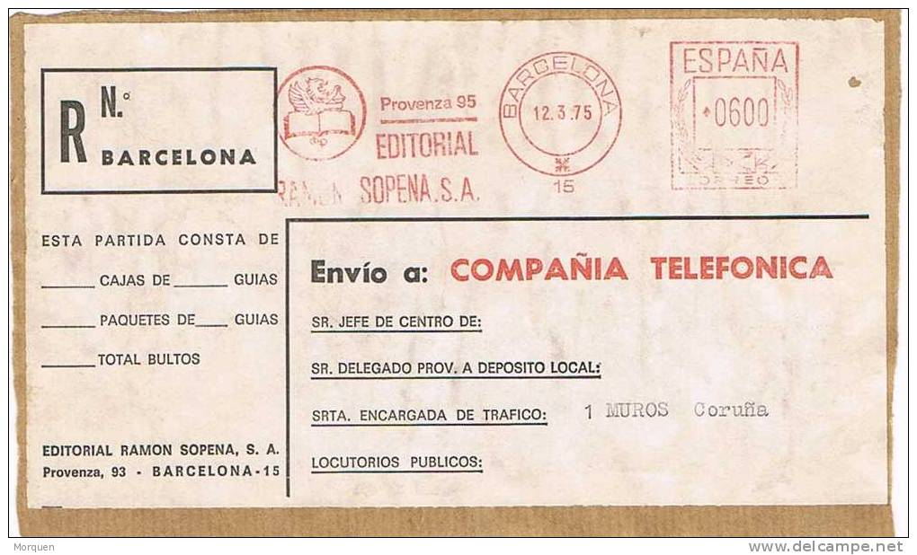 Frontal Paquete Certificado BARCELONA 1975.  Editorial SOPENA - Cartas & Documentos