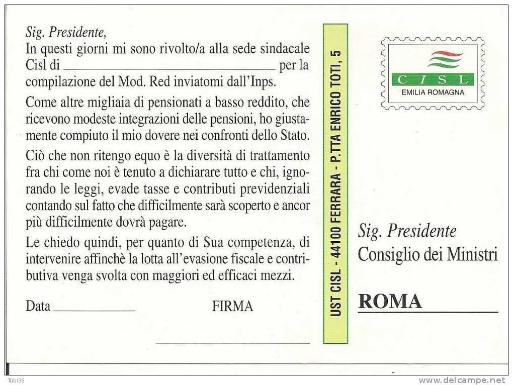 CISL  FERRARA -  CARTOLINA  INDIRIZZATA AL  CONSIGLIO DEI MINISTRI - ARGOMENTO  SEMPRE ATTUALE - Labor Unions