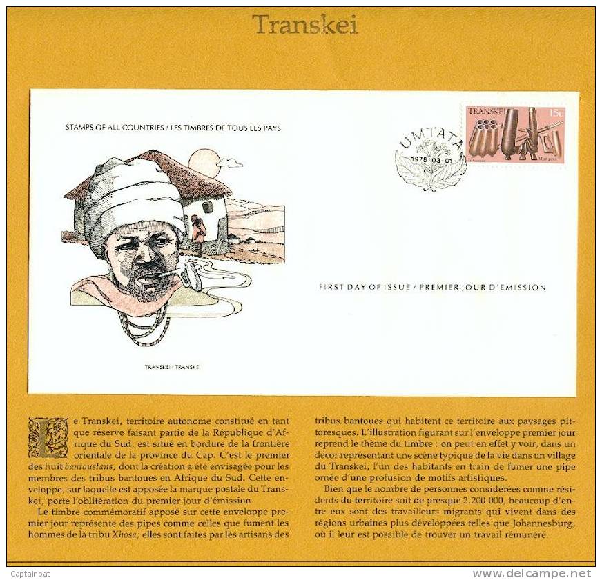 19 AFR - FDC - Timbres De Tous Les Pays - Transkei - Pipes De La Tribu Xhosa - 03-01-1978 - Transkei