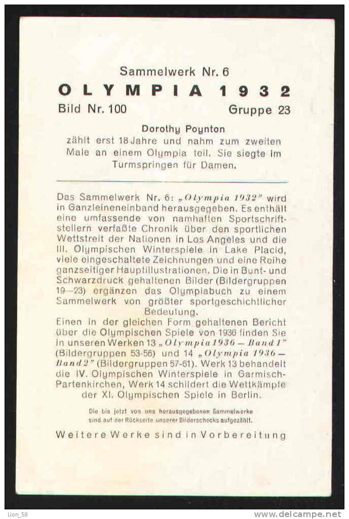 Olympic 1932 SWIMMING WOMEN -  DOROTHY POYNTON Women's Diving 10 Metre Platform Card  Photo 17454 - Natation