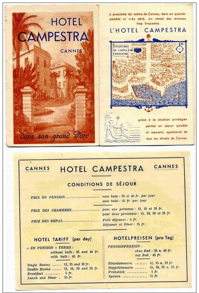 ALPES MARITIMES  - DEPLIANT PUBLICITAIRE  - HOTEL CAMPESTRA  CANNES - Publicités