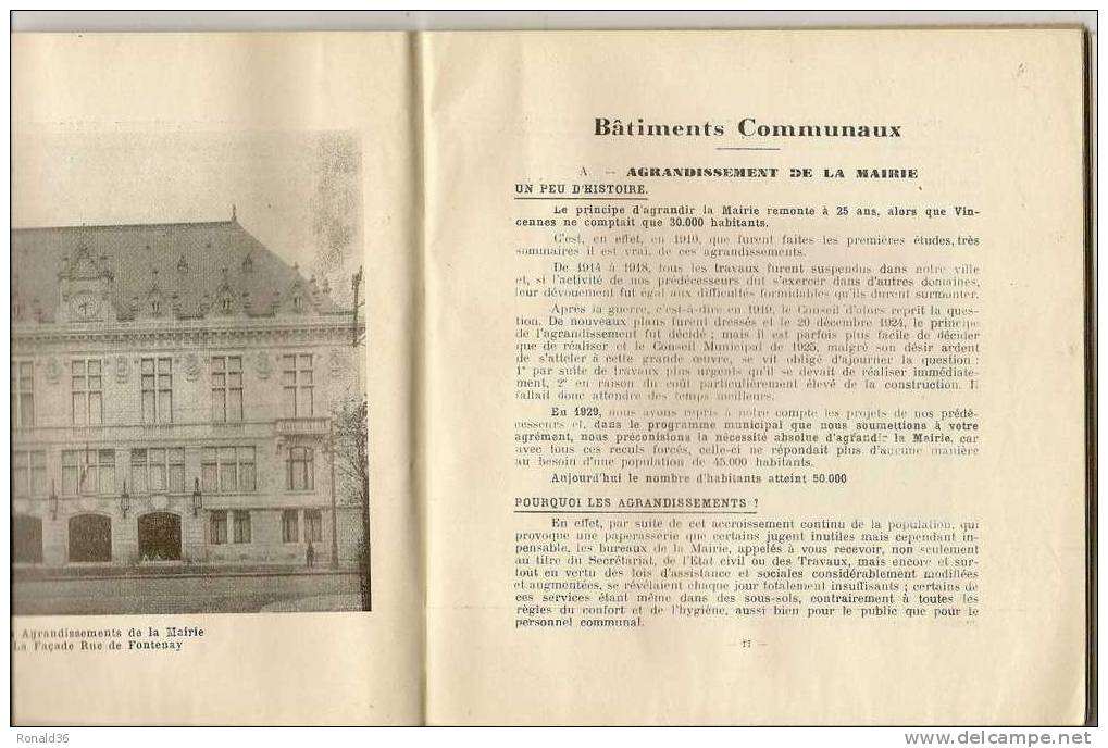 Livret Ville De VINCENNES 94 Compte Rendu De Mandat 1929 1935  Photos Divers écoles Mairie Salle Des Fêtes Rue Du Moulin - Ile-de-France