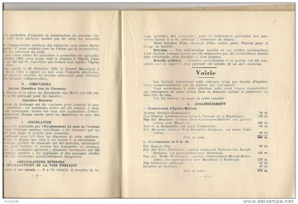 Livret Ville De VINCENNES 94 Compte Rendu De Mandat 1929 1935  Photos Divers écoles Mairie Salle Des Fêtes Rue Du Moulin - Ile-de-France