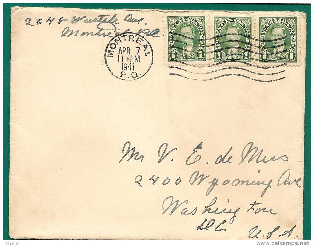 CANADA - VF 1941 CANADA COVER From MONTREAL To WASHINGTON - Trio Of 1c Green - Covers & Documents