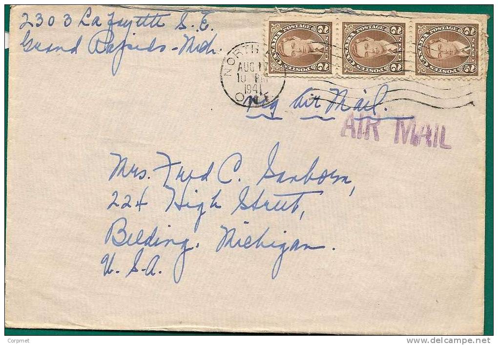 CANADA - VF 1941 CANADA COVER From ONTARIO To MICHIGAN - Trio Of 2c Brown - Lettres & Documents