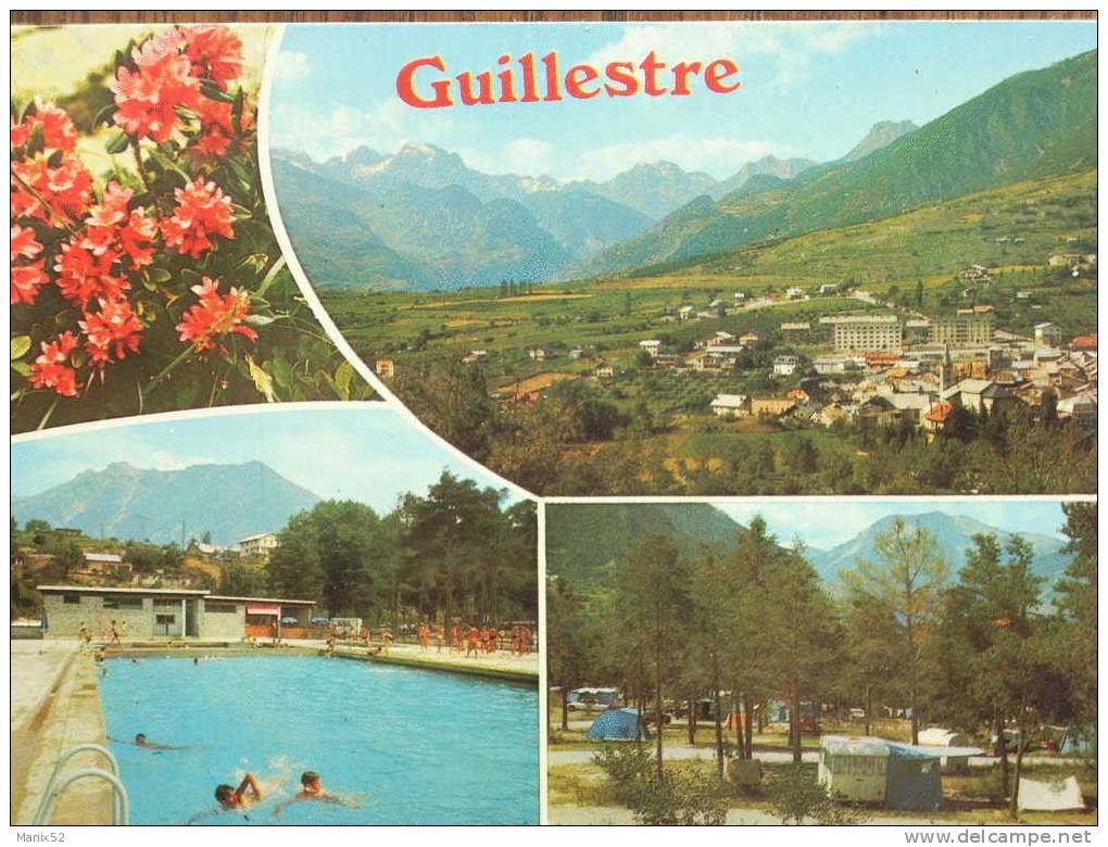 05 - GUILLESTRE - Vue Générale, Le Camping Et La Piscine. Multivues (CPSM + Flamme) - Guillestre