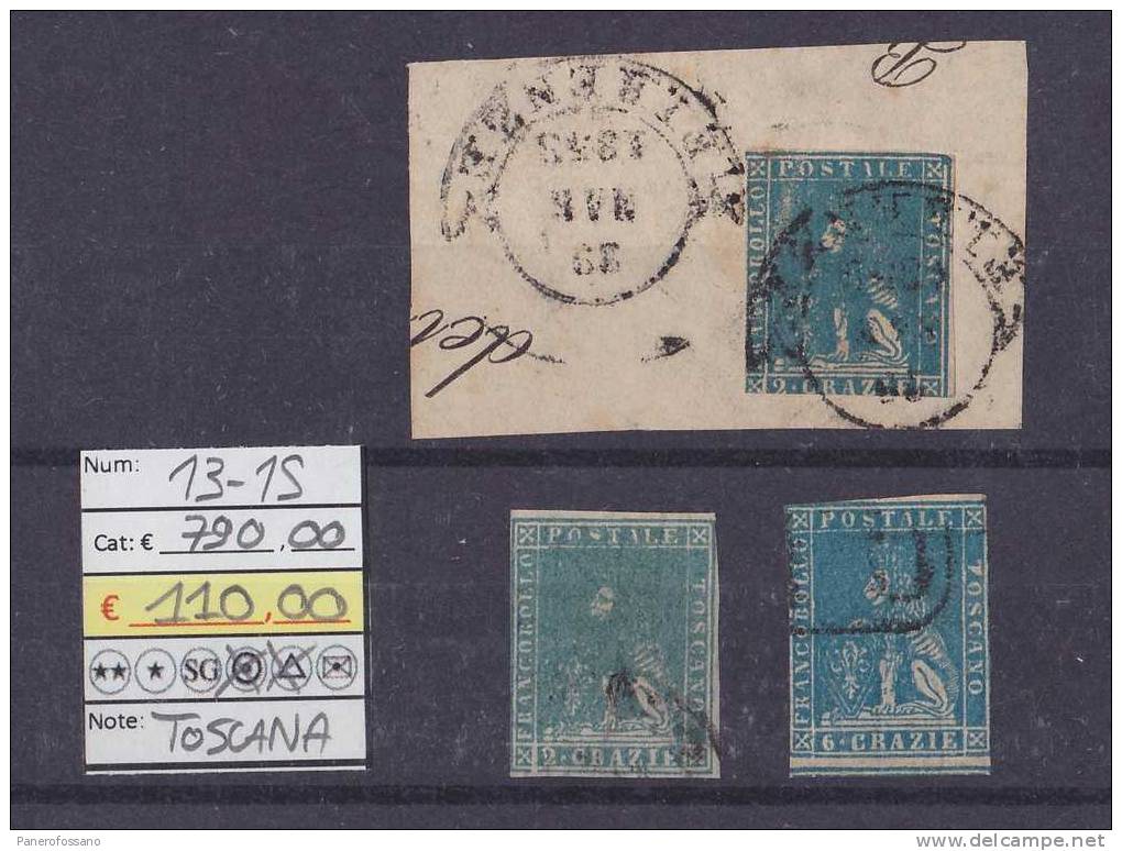 TOSCANA (1857) - MARZOCCO CON CORONA - LOTTO 2 VALORI USATI VFU CON FRAMMENTO - CAT. EURO 790 - Toscane