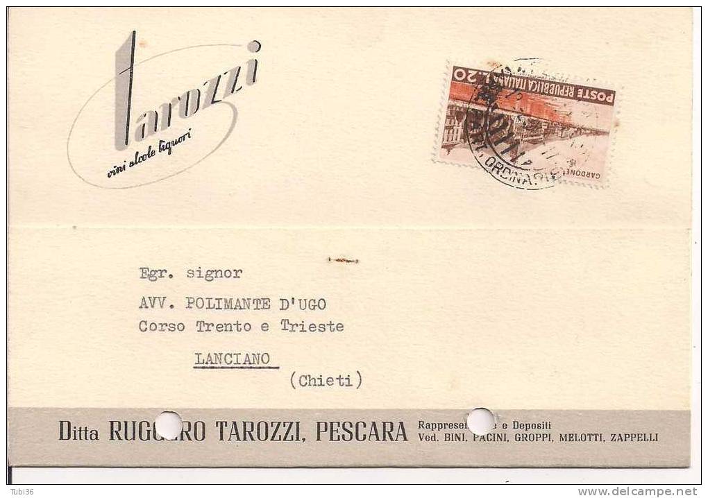 RUGGERO TAROZZI - PESCARA - VINI LIQUORI -  CARTOLINA COMMERCIALE  VIAGGIATA  1955 -  COMM. TURISTICA L.20. - Pescara