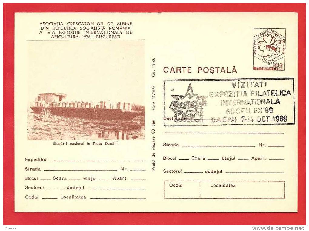 ROMANIA 1978 Postcard Stationery Postcard. Barges With Hives Of Bees In The Danube Delta - Honingbijen