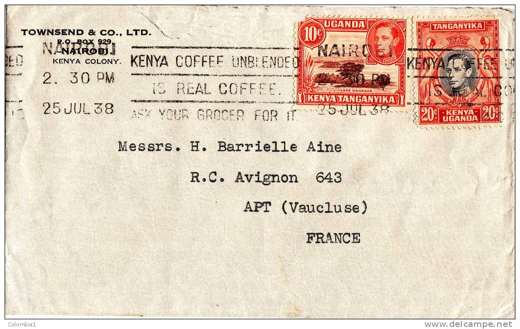 KENYA-UGANDA-TANGANYIKA Lettre De NAIROBI 25 JUIL 1938 Via La France - Kenya, Ouganda & Tanganyika